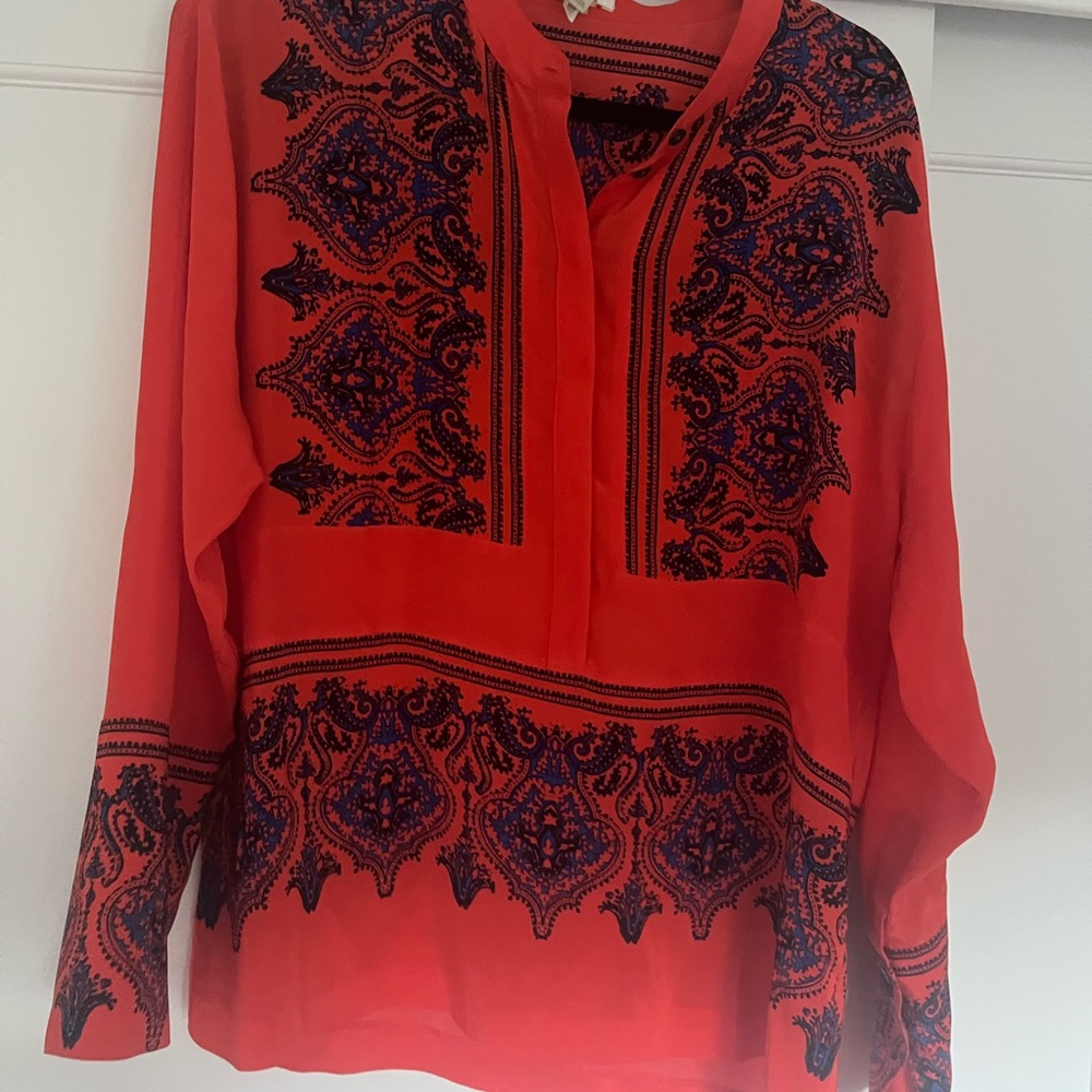 J.Crew Red Long Sleeve V-Neck Blouse with Mandarin Collar and Graphic Design